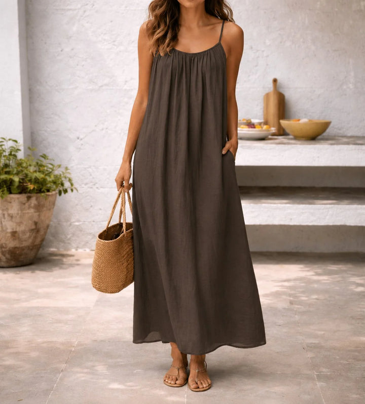 Relaxed fit maxi dress with adjustable thin straps and gathered neckline detail