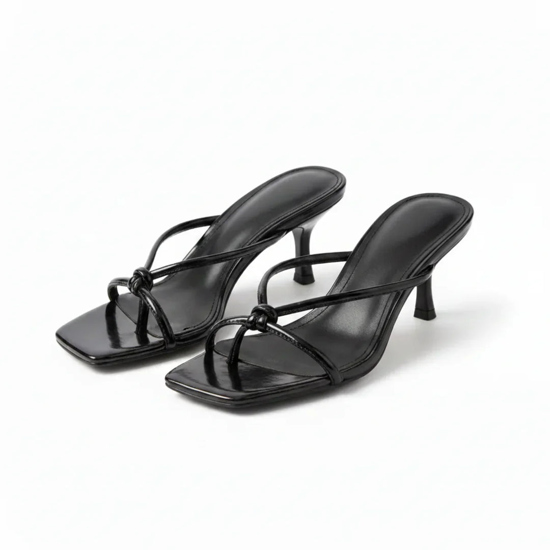 Women's heeled sandals from above showing square toe shape and strap placement