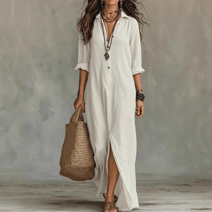 Women's linen shirt dress in white with turn-down collar and three-quarter sleeves, maxi length