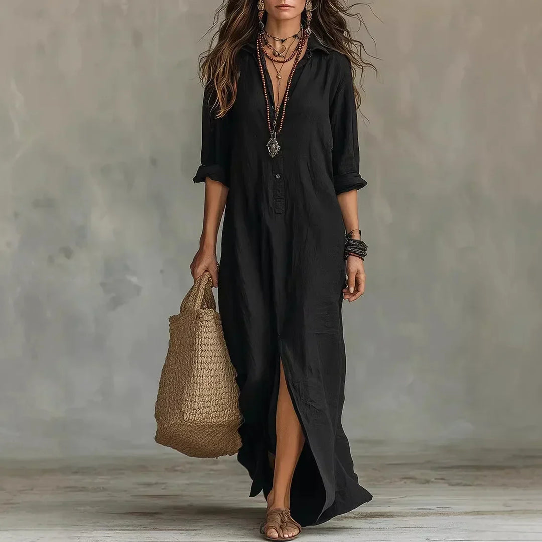 Relaxed fit linen shirt dress with button-front placket and flowing maxi silhouette