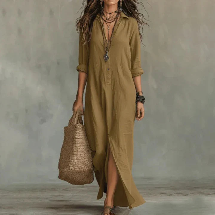 Close-up of linen shirt dress collar and button-front closure detail