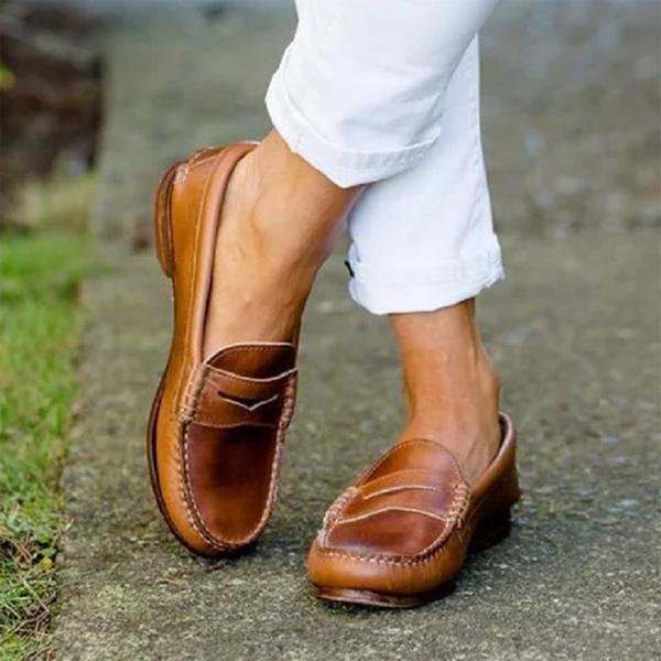 Women's Orthopedic Loafers Leather Slip-On Comfort Shoes in brown leather with penny strap detailing and cushioned insole