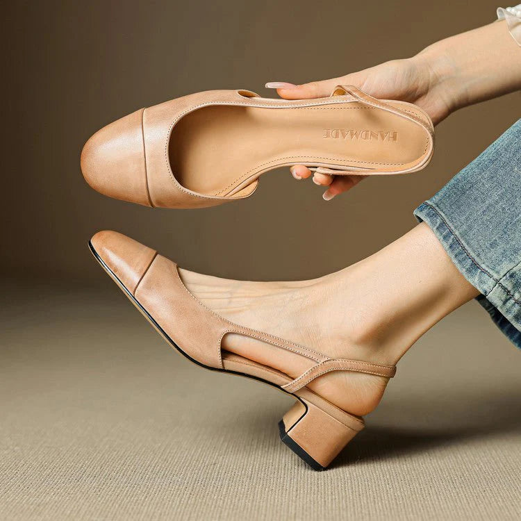Women's slingback block heel pumps in beige with almond toe and open-back strap design