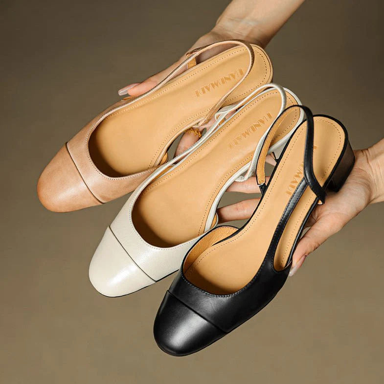 Women's slingback pumps showing almond-toe shape and stable block heel design