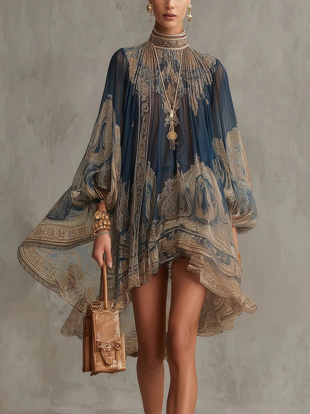 Baroque print high-neck chiffon dress with billowing sleeves and asymmetric hem in navy and gold tones