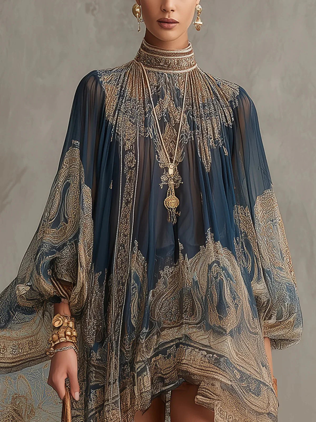 Detail shot of baroque print high-neck dress showing embellished neckline trim and billowing sleeve construction