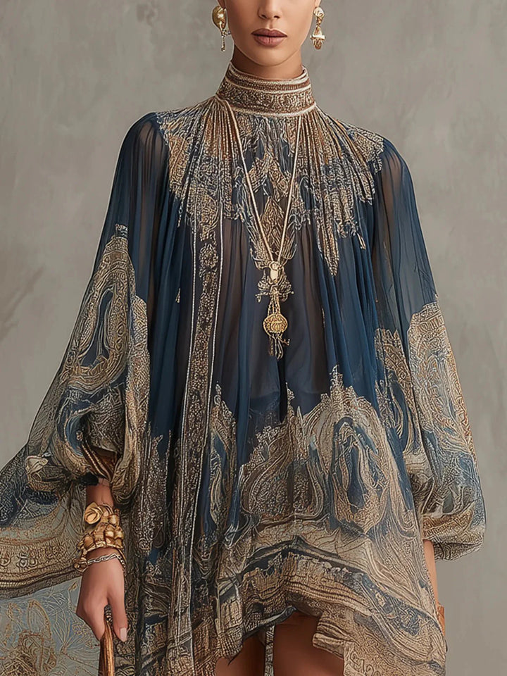 Detail shot of baroque print high-neck dress showing embellished neckline trim and billowing sleeve construction