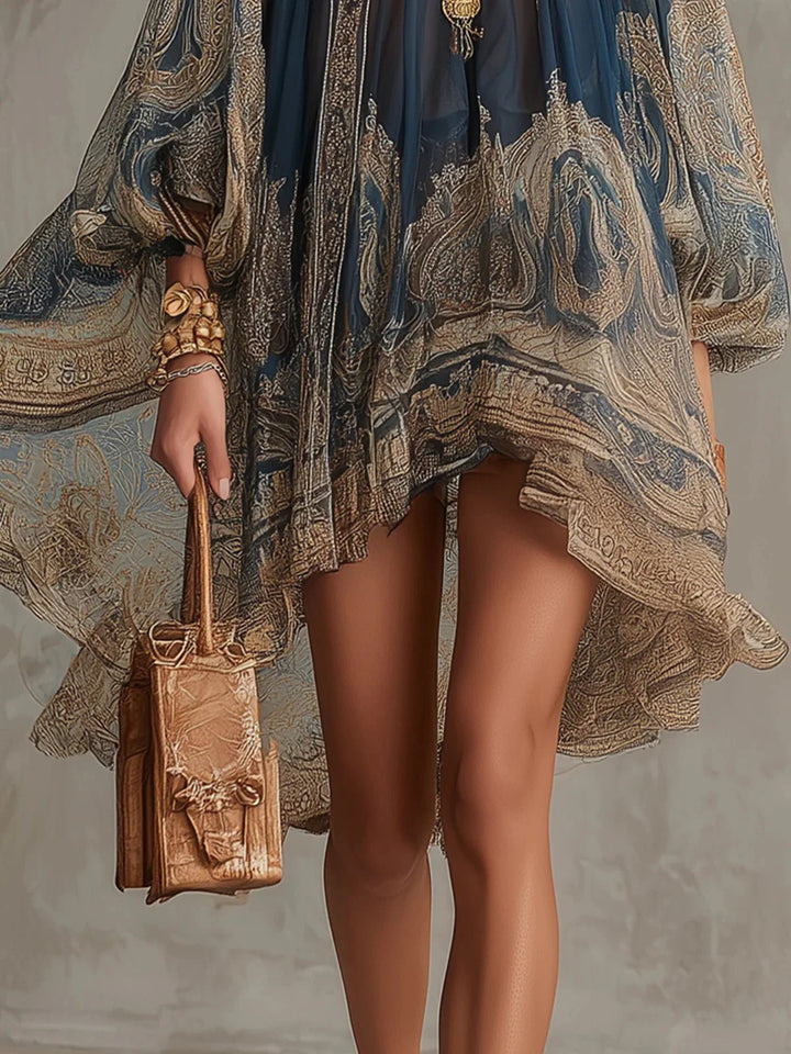 Full-length view of baroque print chiffon dress with asymmetric hem and flowing movement