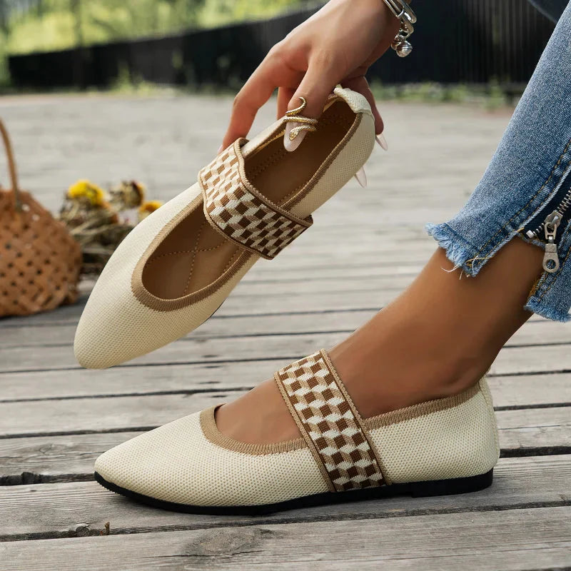 Women's Mary Jane flats in beige, showcasing slip-on design and cushioned insole