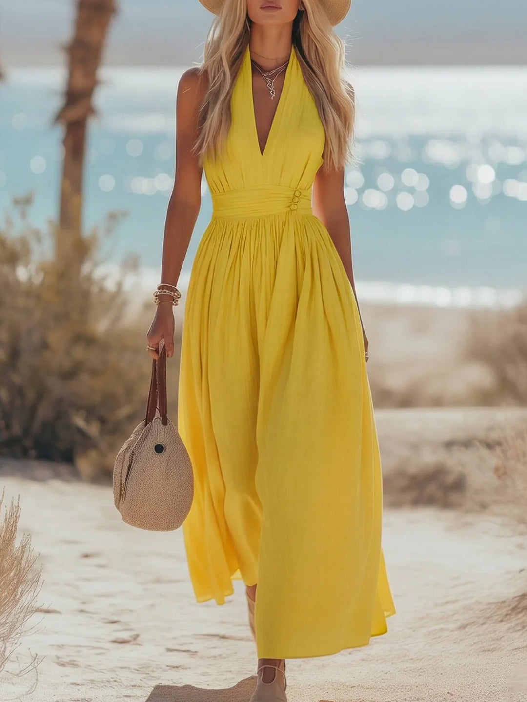Close-up view of halter neckline and empire waist gathering on sleeveless maxi dress for summer wear