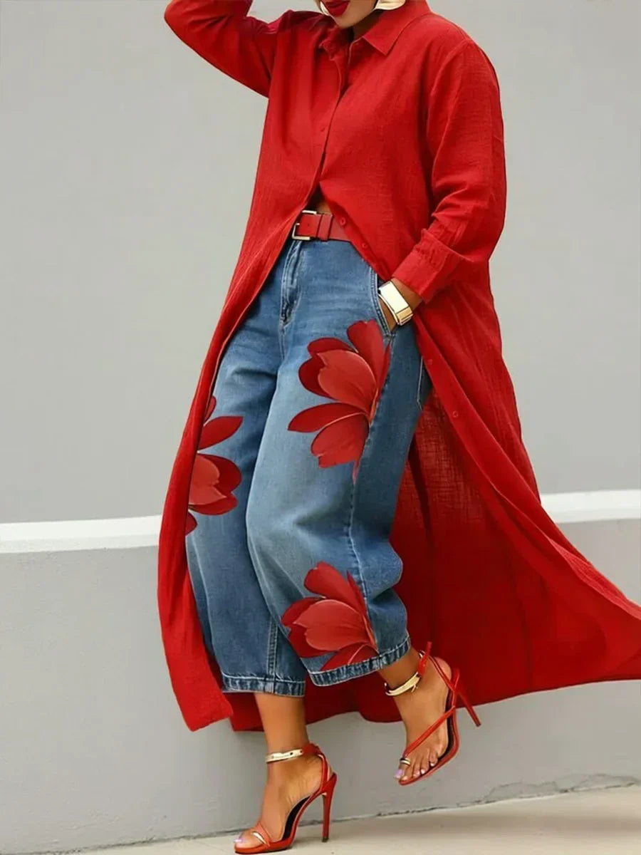 Woman wearing Stylish Shirt Dress and Floral Jeans Set with longline red shirt dress and bold floral denim jeans