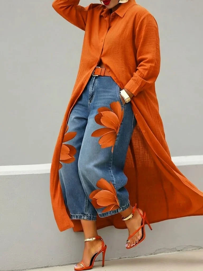 Close-up view of floral appliqué detailing on jeans from Stylish Shirt Dress and Floral Jeans Set