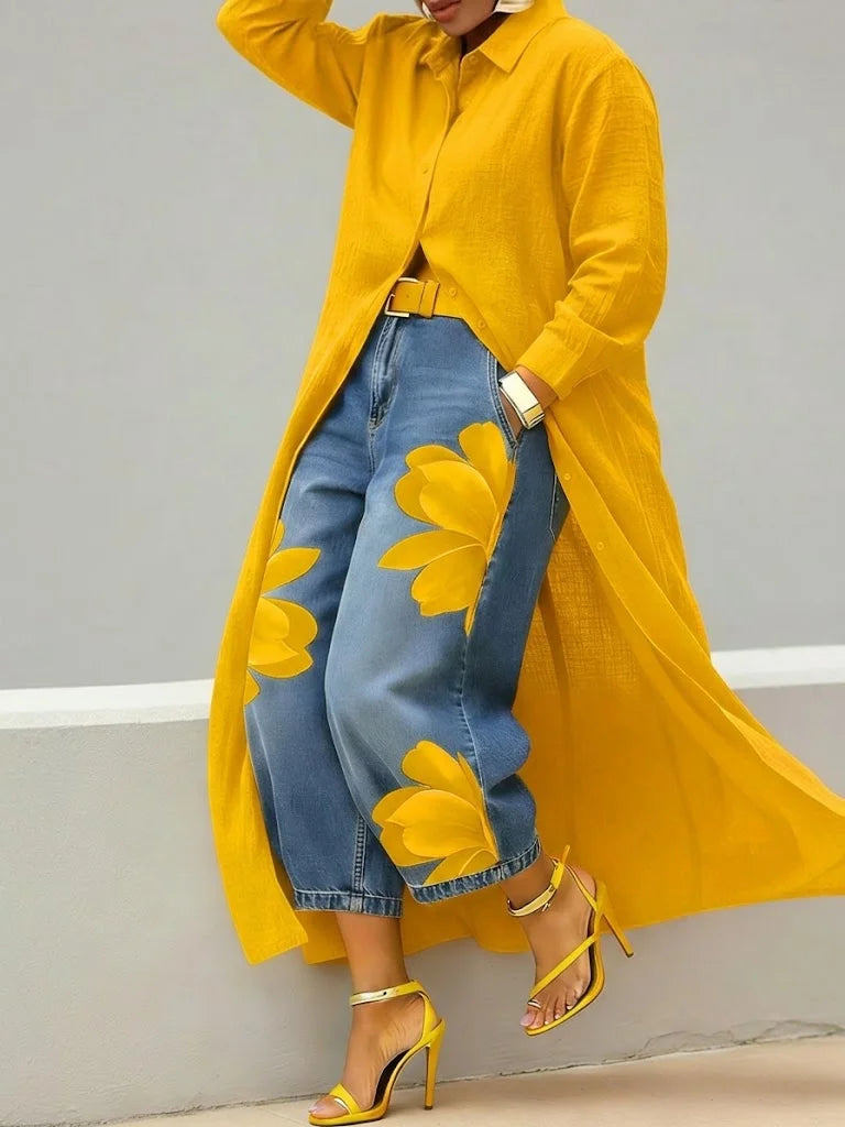 Full-length view showing button-through shirt dress and straight-leg floral jeans styled together