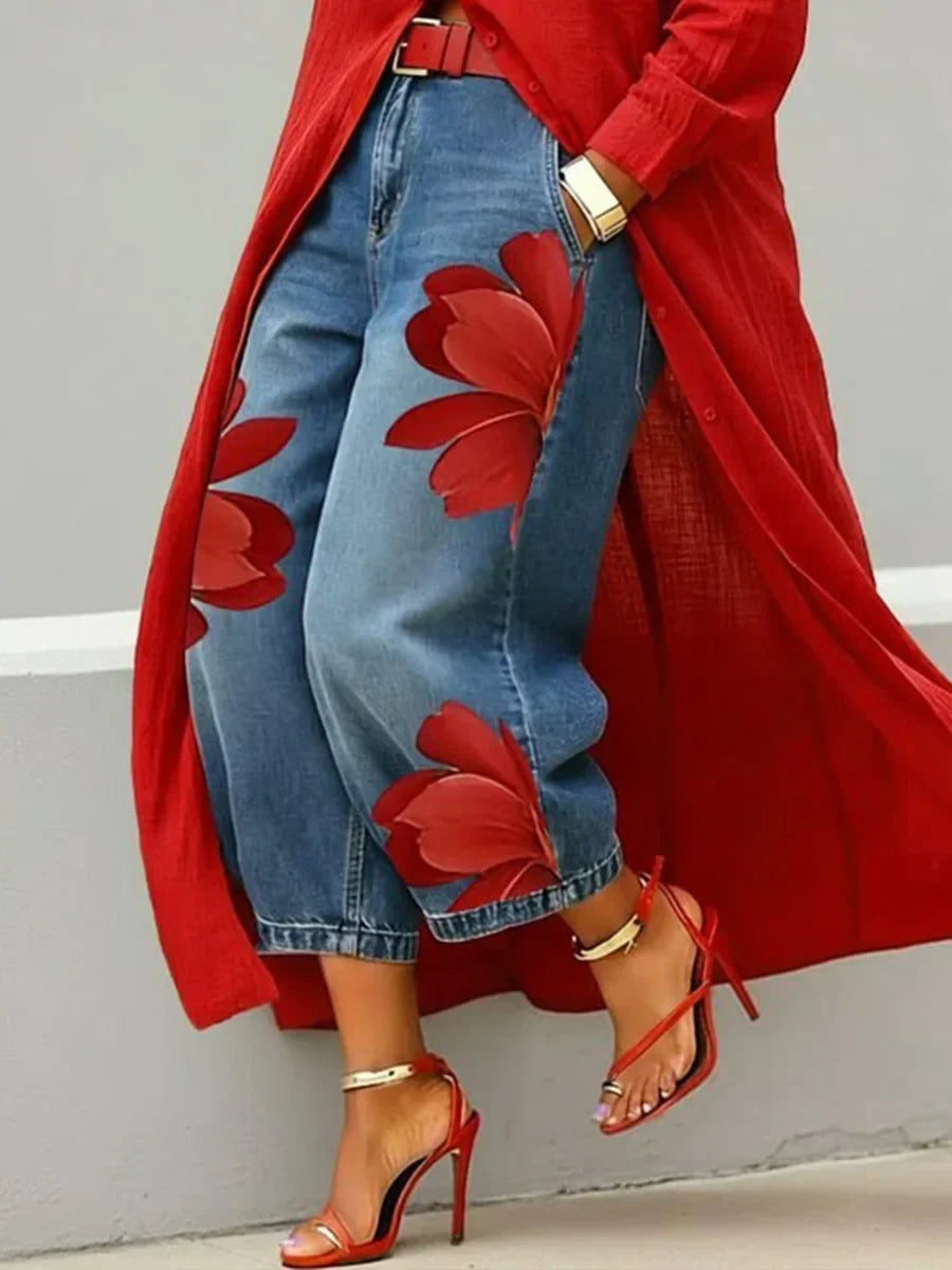 Woman styling Stylish Shirt Dress and Floral Jeans Set with heeled sandals for casual outing