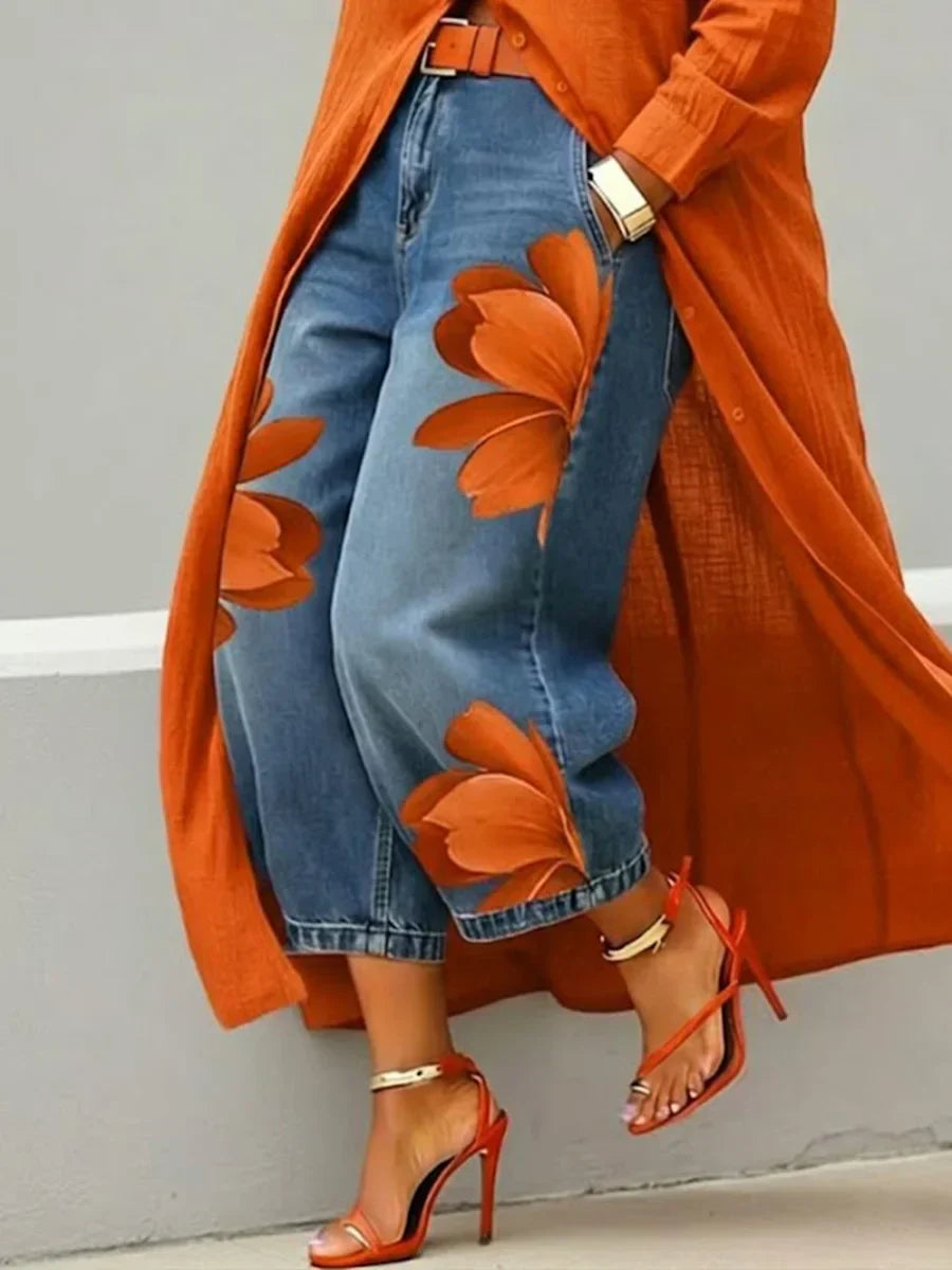 Alternative styling of Stylish Shirt Dress and Floral Jeans Set worn as separate wardrobe pieces