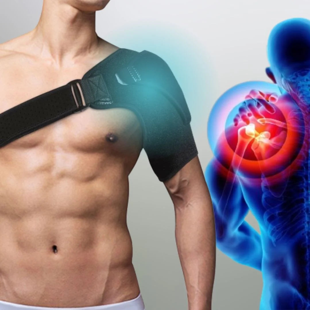 Men's shoulder brace with adjustable straps providing rotator cuff support and stabilisation for injury recovery