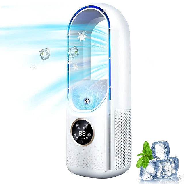 Portable Blade-Free Silent Air Conditioner for Home & Office with bladeless technology and digital display showing cooling airflow