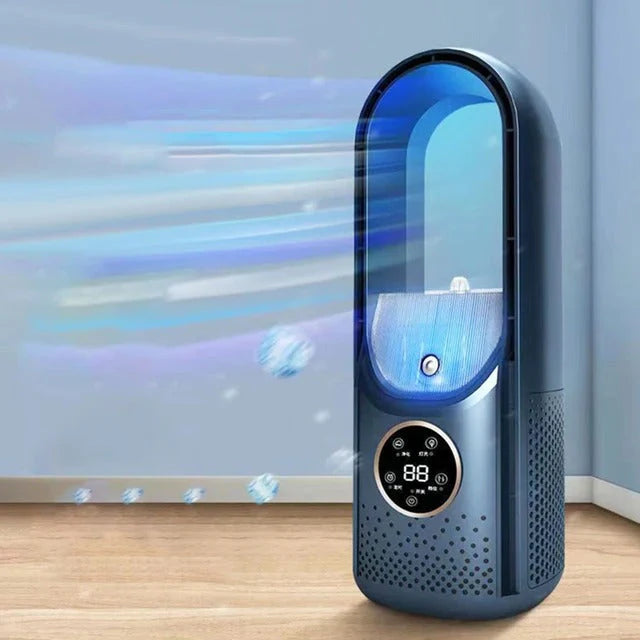 Portable bladeless cooling unit with digital controls and timer function for customisable comfort