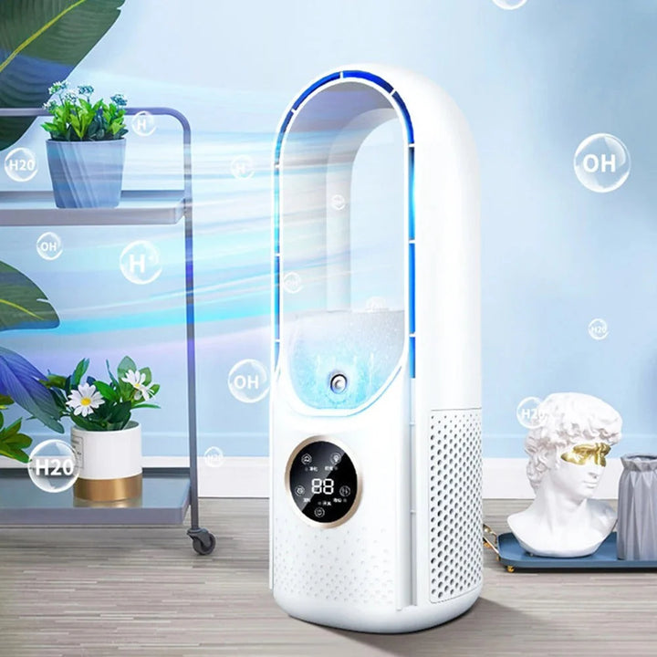White portable bladeless air conditioner with ergonomic handle and compact design for easy transport