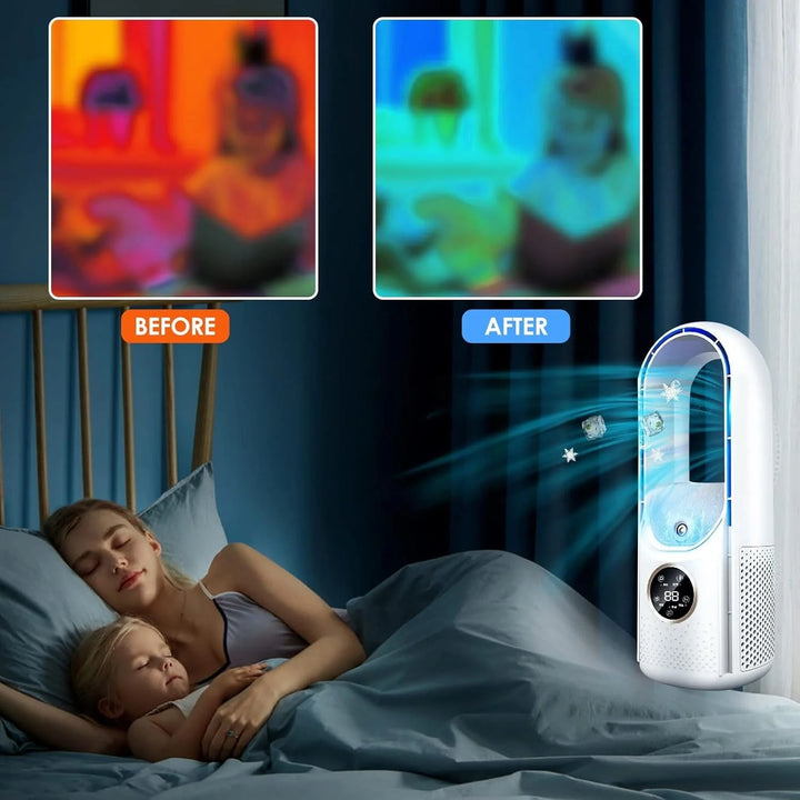 Bladeless air conditioner unit displaying digital temperature control and six adjustable fan speed settings