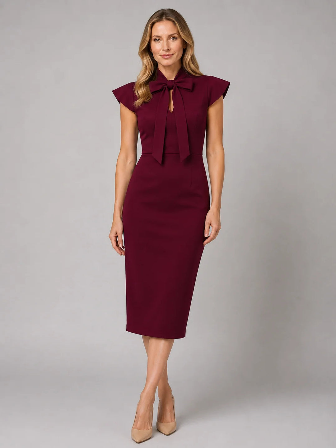 Women's Bow Tie Neck Midi Dress – Formal Occasion Wear in burgundy with self-tie bow neckline and structured cap sleeves