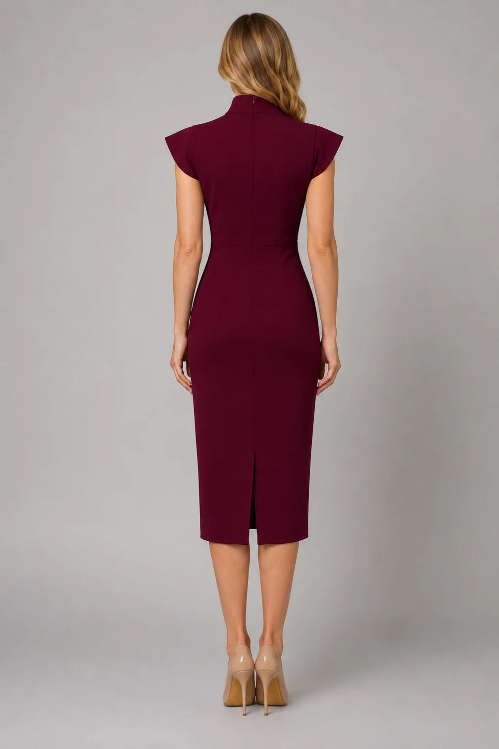 Front view of burgundy midi dress with bow tie neck detail and fitted silhouette for formal occasions