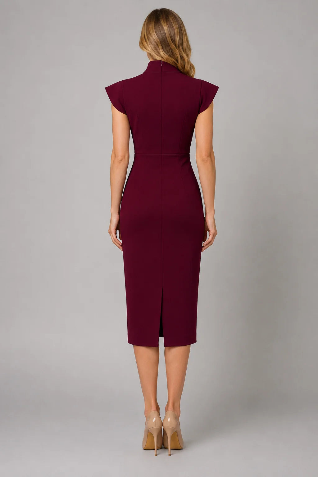 Front view of burgundy midi dress with bow tie neck detail and fitted silhouette for formal occasions