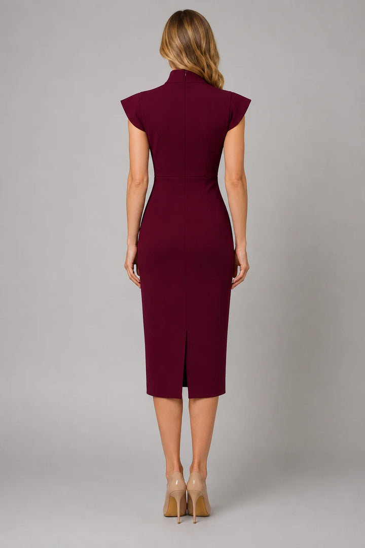 Front view of burgundy midi dress with bow tie neck detail and fitted silhouette for formal occasions