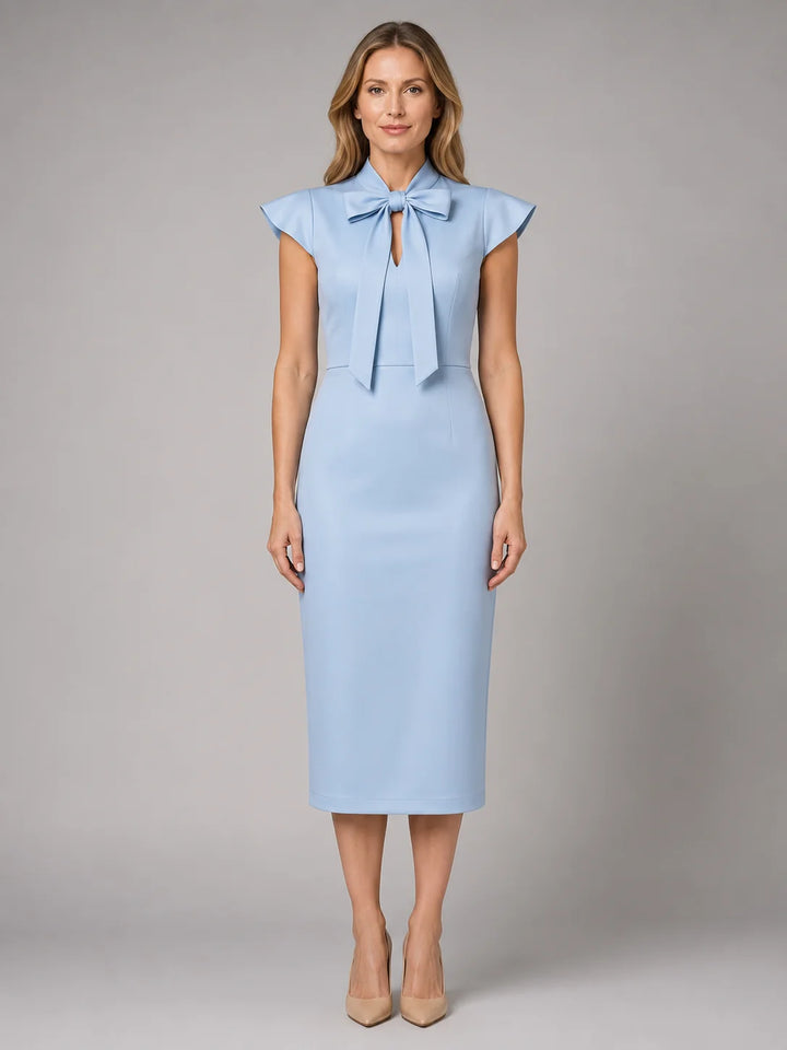 Back view of burgundy midi dress with concealed side zip fastening and cap sleeves