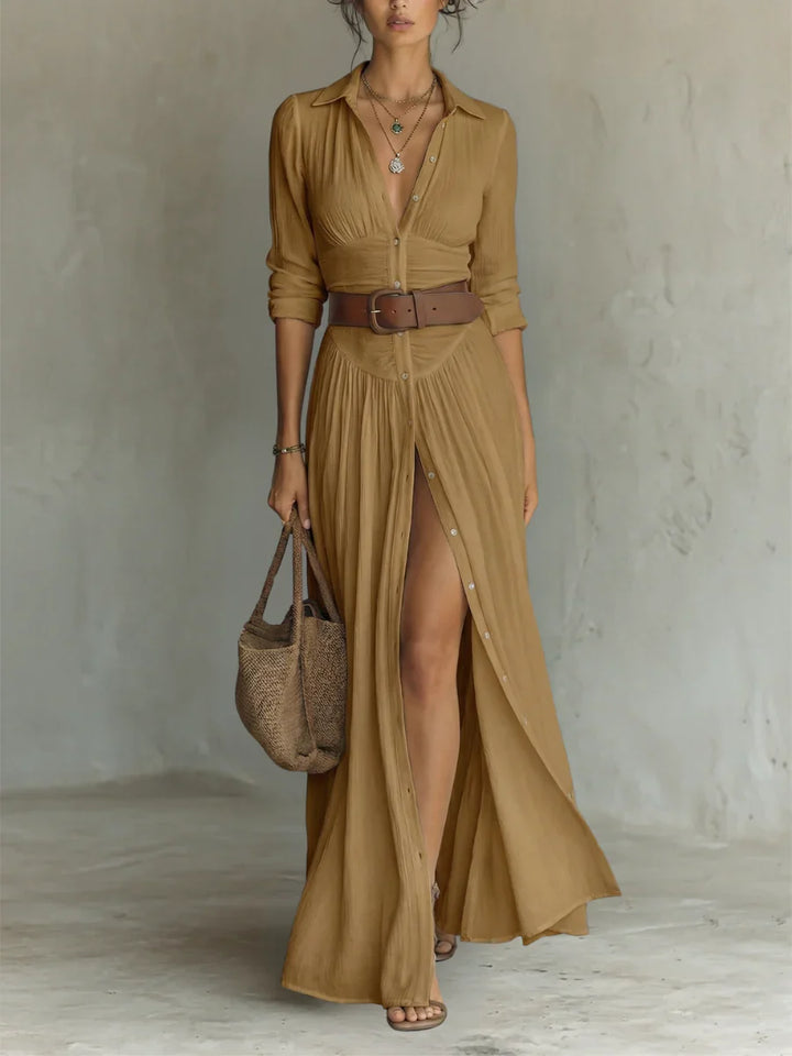Pleated maxi shirt dress styled for daytime wear with accessories and natural lighting