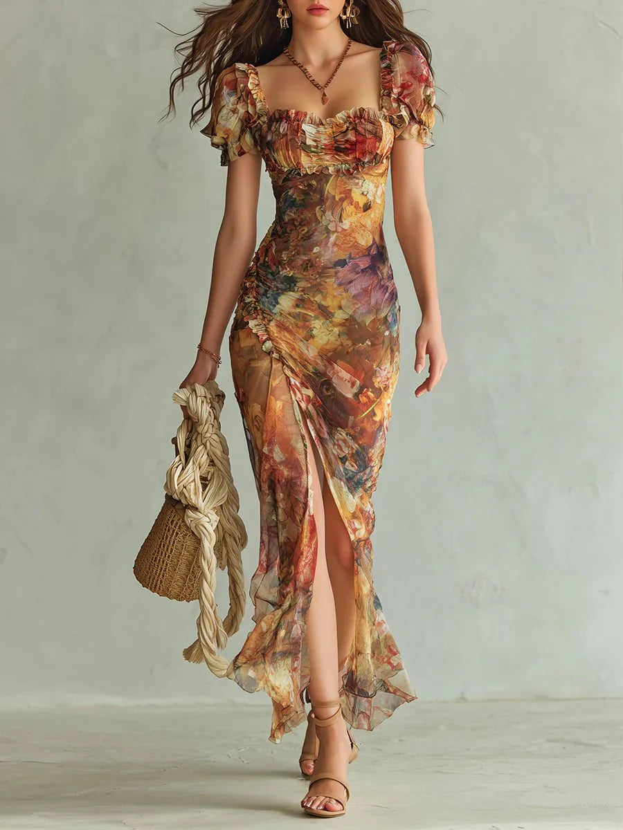 Ruffle sweetheart maxi dress with abstract floral print, ruched bodice, and side slit detail worn with strappy sandals