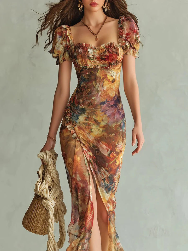 Back view of ruffle maxi dress highlighting fitted bodice and flowing skirt with abstract autumn tones