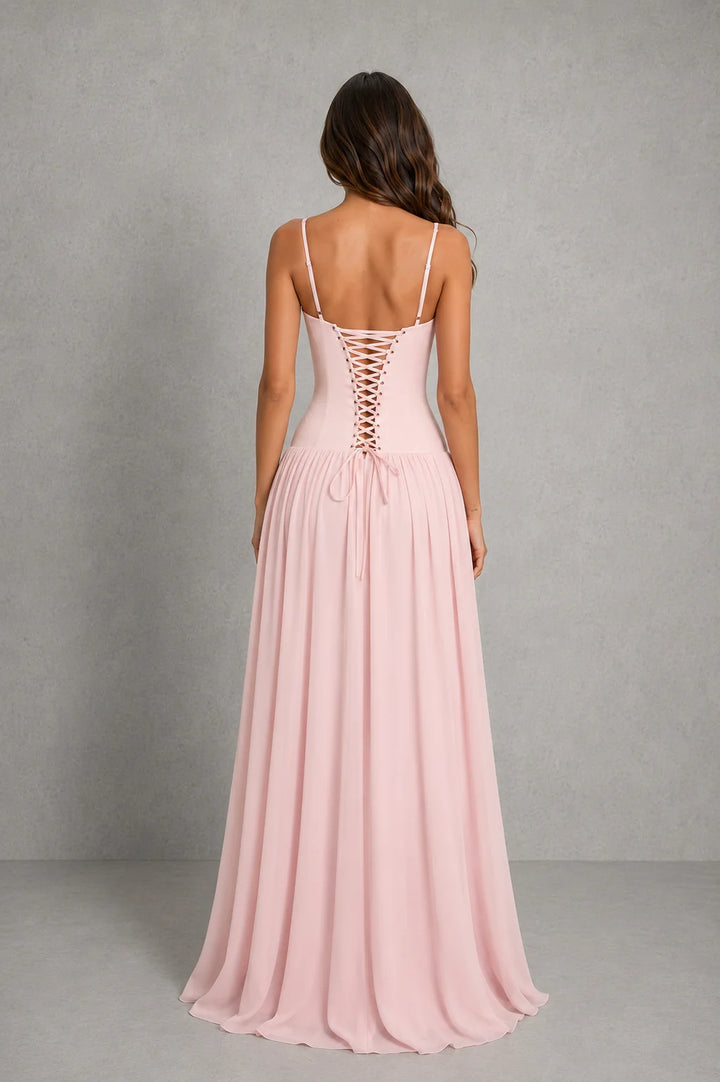Rear view of strapless corset maxi dress featuring adjustable lace-up back closure for personalised fit and support