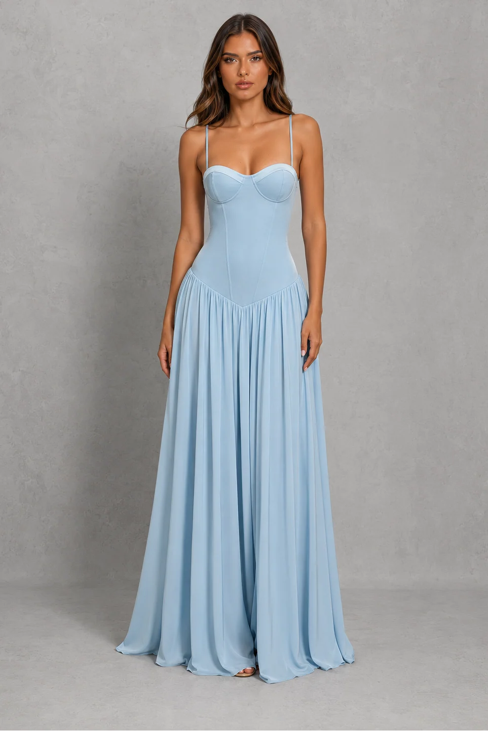 Detail of woven fabric construction and smooth finish on strapless corset maxi dress with full lining