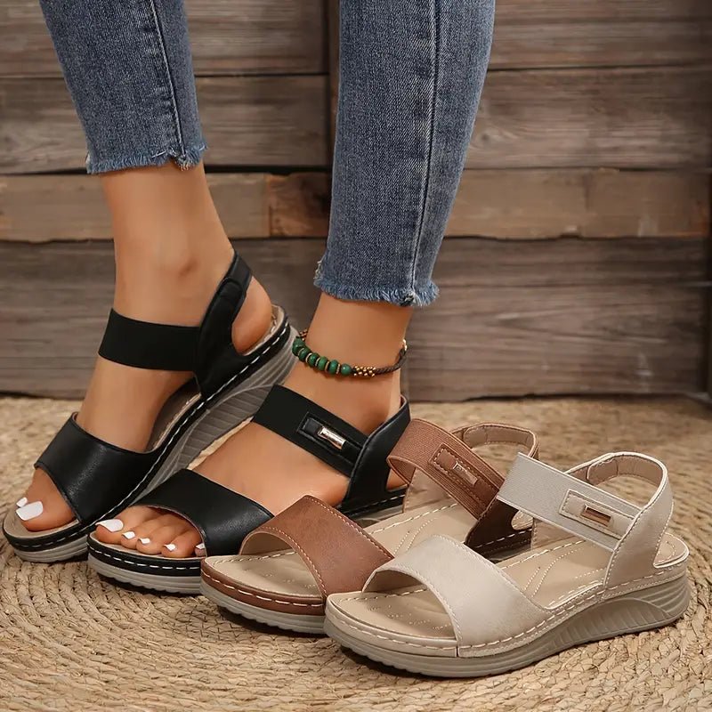 Women's Comfort Sandals Adjustable Straps in brown styled with cropped denim for casual wear