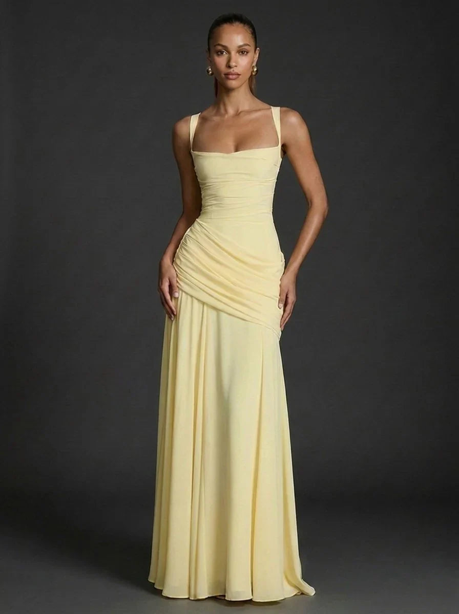 Women's Square-Neck Sleeveless Ruched Maxi Wedding Guest Dress in butter yellow with fitted bodice and flared hem