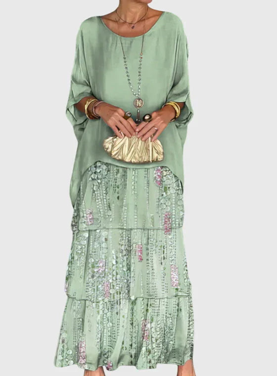 Womens boho dress front detail showing oversized green top and vibrant layered maxi skirt