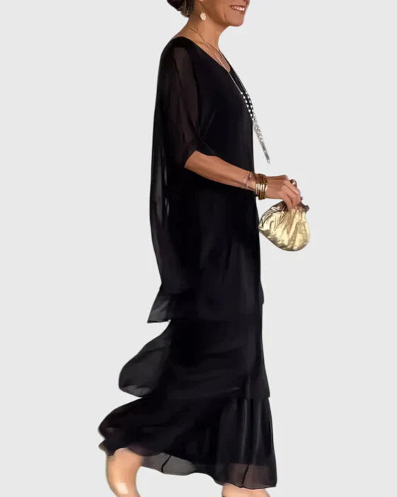 Relaxed fit boho dress with dolman sleeves and lightweight tiered maxi skirt for summer styling