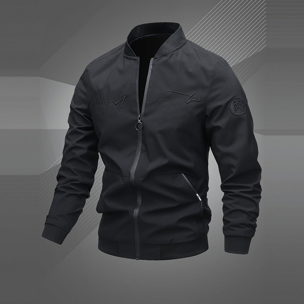 Men's embroidered bomber jacket in black, front view
