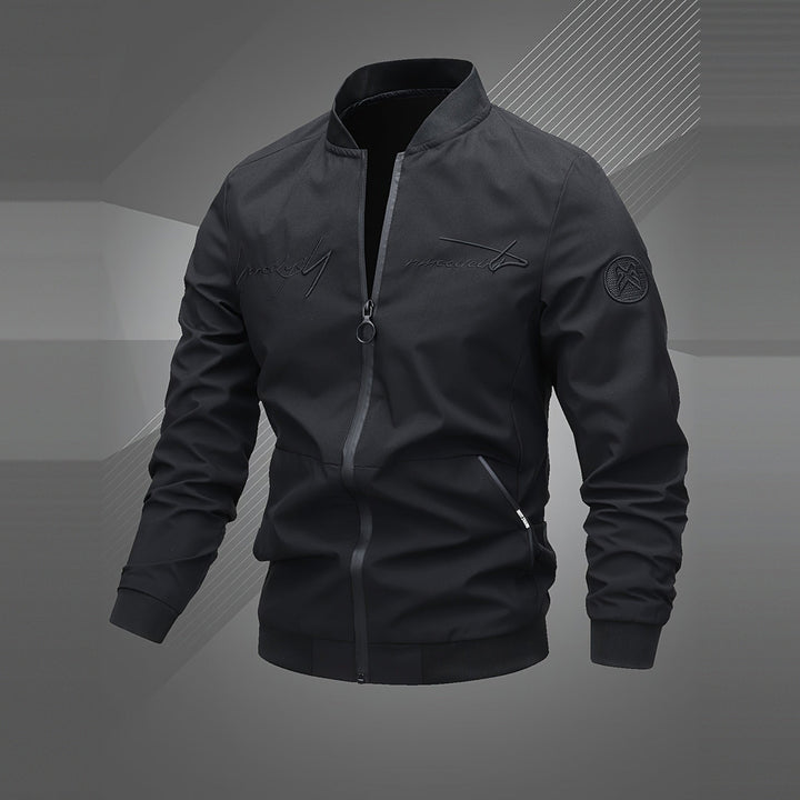 Men's embroidered bomber jacket in black, front view
