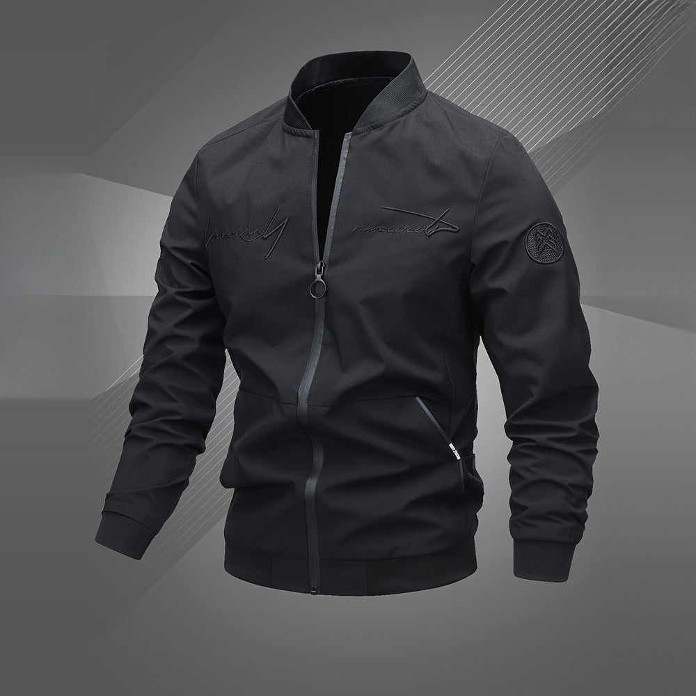 Men's embroidered bomber jacket in black, front view
