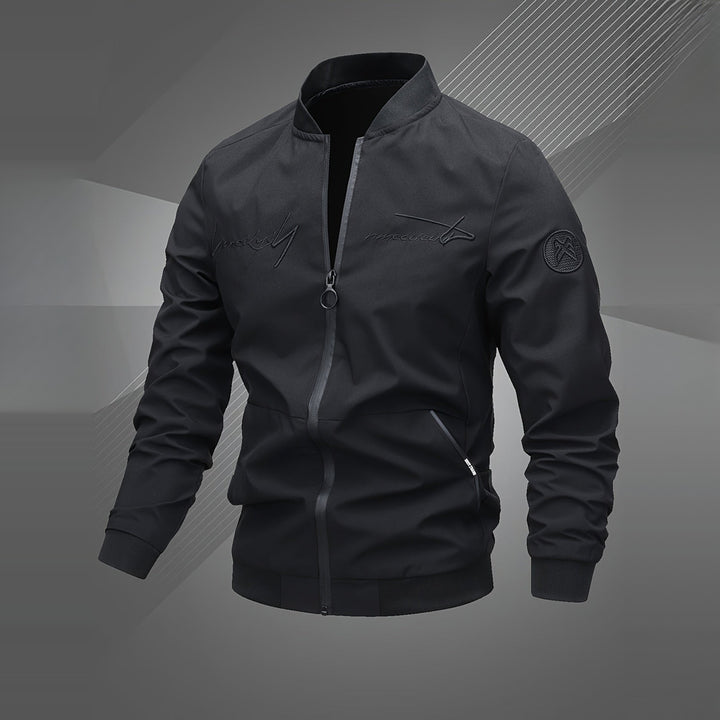 Men's embroidered bomber jacket in black, front view