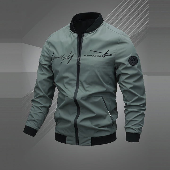 Men's embroidered bomber jacket in fern green, front view