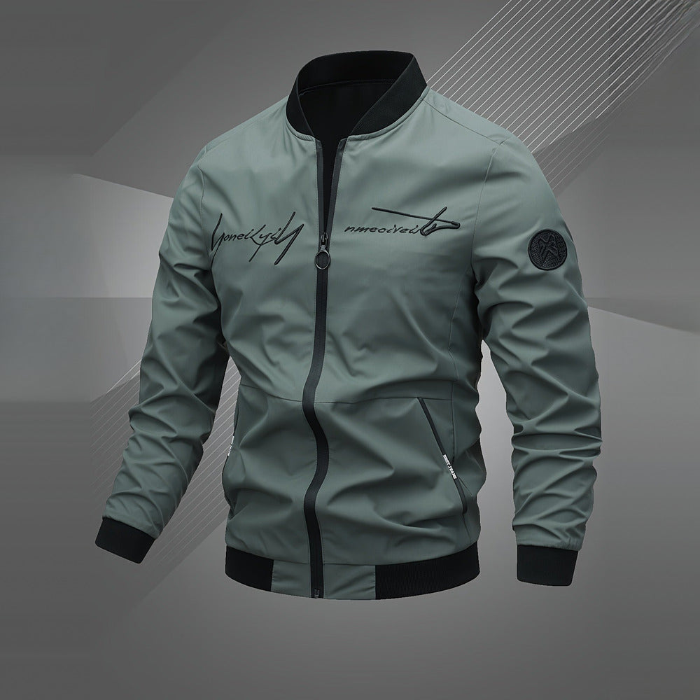 Men's embroidered bomber jacket in fern green, front view