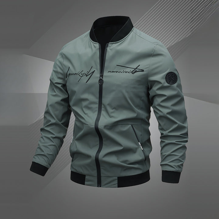 Men's embroidered bomber jacket in fern green, front view