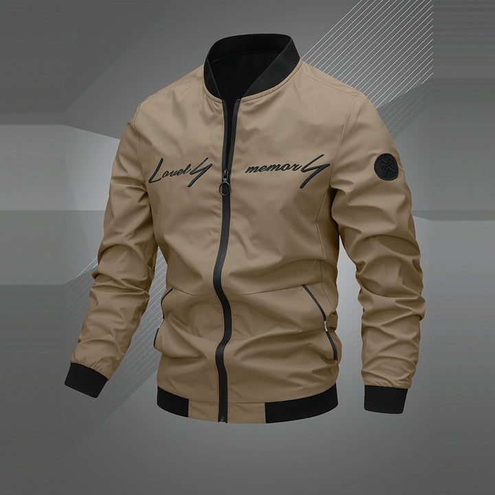 Men's embroidered bomber jacket in khaki, front view