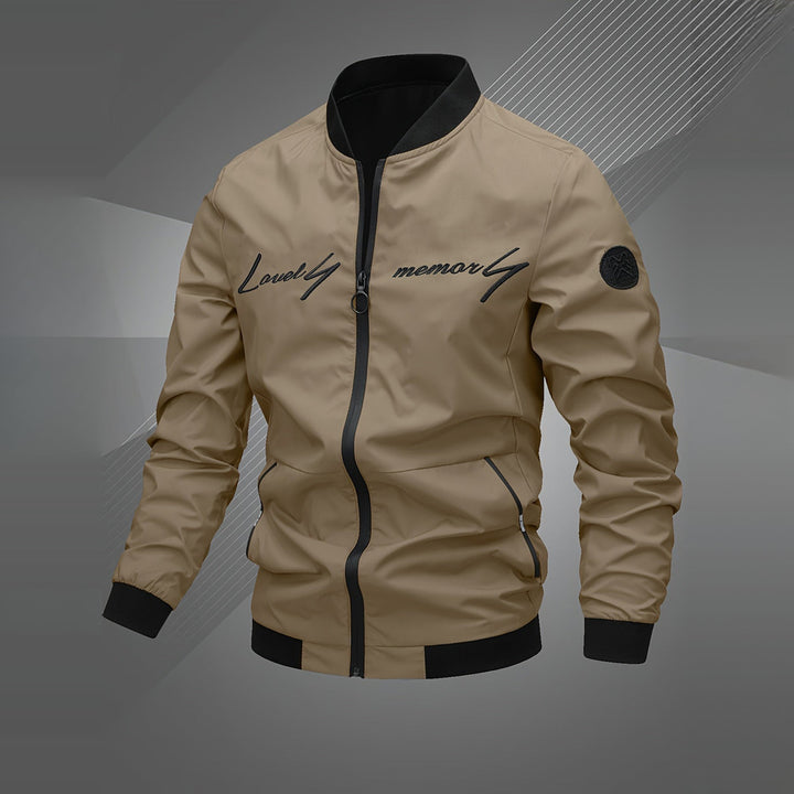 Men's embroidered bomber jacket in khaki, front view