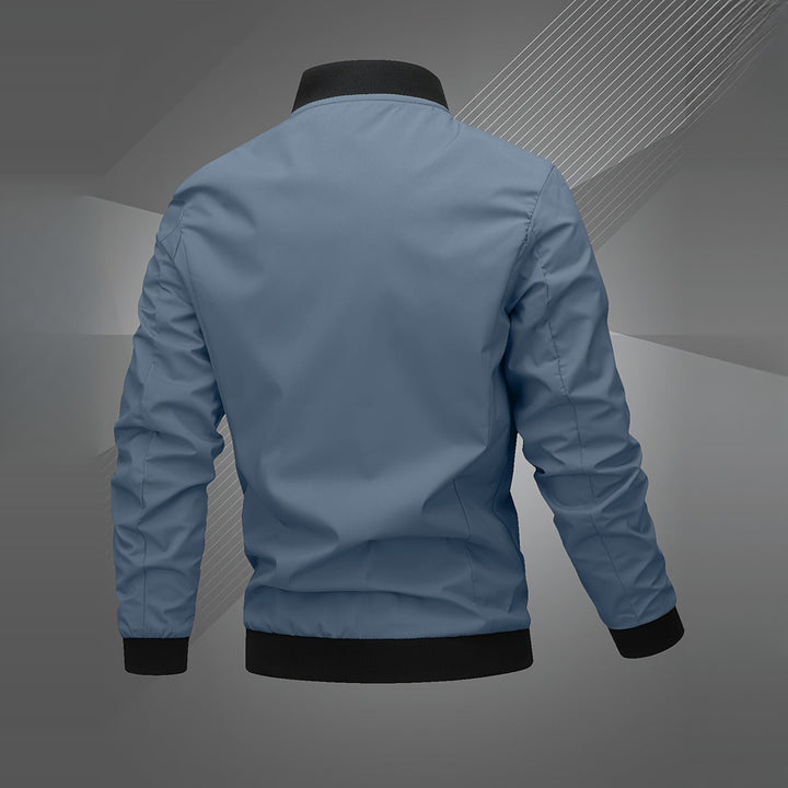 Men's embroidered bomber jacket in mist blue, back view