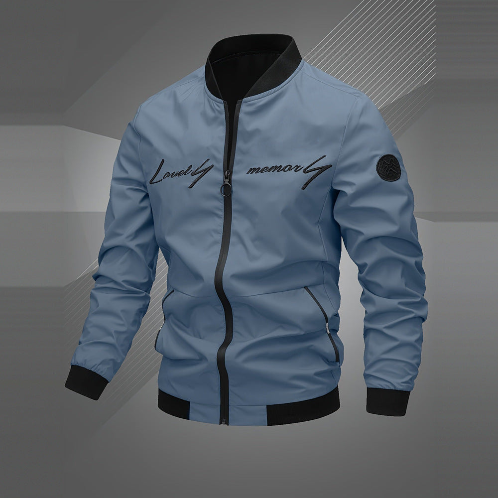 Men's embroidered bomber jacket in mist blue, front view