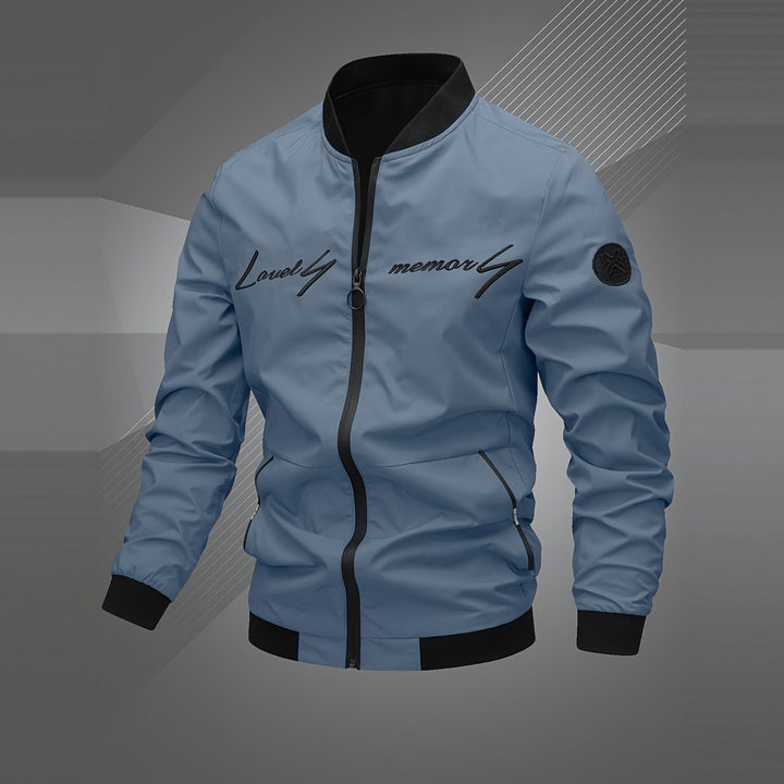 Men's embroidered bomber jacket in mist blue, front view